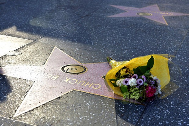 HOLLYWOOD, CA - MARCH 18: Flowers are placed on Chuck Berry's Hollywood Walk of Fame Star on March 18, 2017 in Hollywood, California. Musician Chuck Berry passed away March 18, 2017 at a residence outside St. Louis.  He was 90 years old. (Photo by Rodin Eckenroth/Getty Images) 